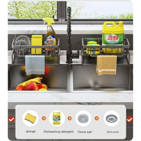 Almacenamiento y organización de cocina, organizador de fregadero con bandeja de drenaje automático para soporte de esponja, toallero, excelentes accesorios de baño - Negro.