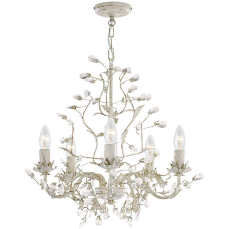 Almandite, plafoniera a 5 fiamme, finitura oro crema con copertura in foglia e cristalli decorativi trasparenti