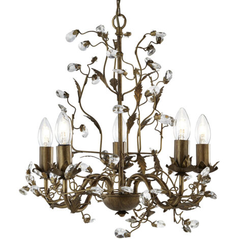 Almandite, plafoniera a 5 fiamme, finitura oro marrone con copertura in foglia e cristalli decorativi trasparenti
