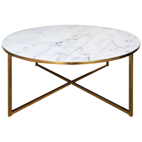 Almaz table de salon Ø 80 cm, en verre avec un imprimé marbre et un piètement en chrome doré.