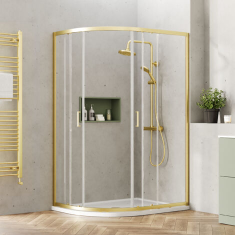 Almington 6mm Toughened Safety Glass Offset Quadrant Shower Enclosure - 1900 x 1200 x 900mm - Brushed Brass - Balterley