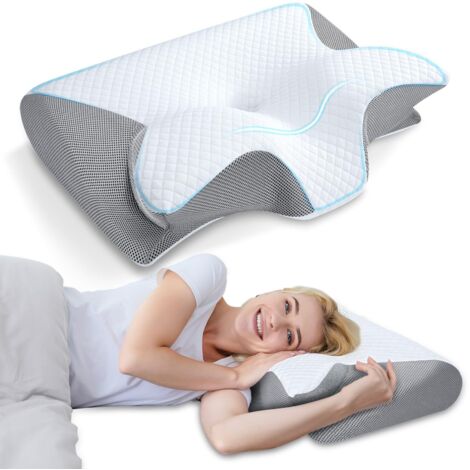 Almohada cervical de espuma viscoelástica, almohada ortopédica ergonómica 2 en 1, alivia el dolor de cuello, almohada de soporte contorneada apta para quienes duermen de lado o boca abajo.