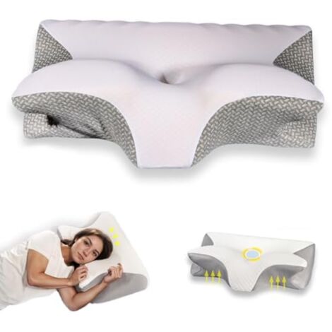 Almohada de algodón con espuma viscoelástica de rebote lento, cervical, para dormir de lado, con forma de cuerno de mariposa [Gris]