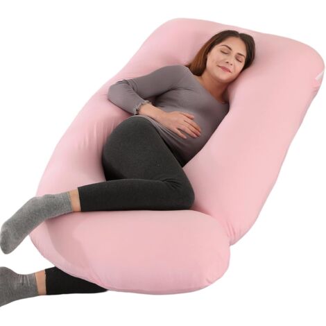 Almohada de embarazo de 180 cm: proporciona soporte para piernas, espalda, cuello, hombros, caderas y vientre a las mujeres embarazadas, con funda de algodón jersey extraíble y lavable (rosa).