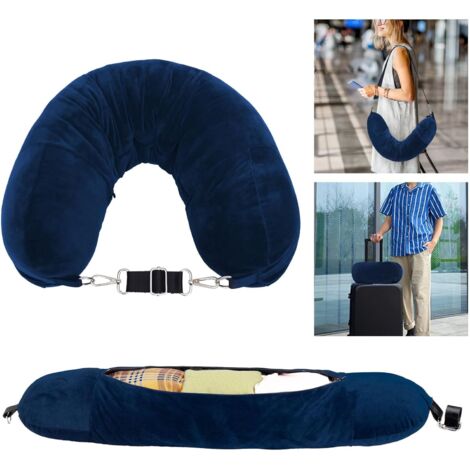 Almohada de viaje acolchada, funda de almohada rellenable con bolsa de almacenamiento, funda de almohada de viaje plegable con ropa para viajes en avión, azul