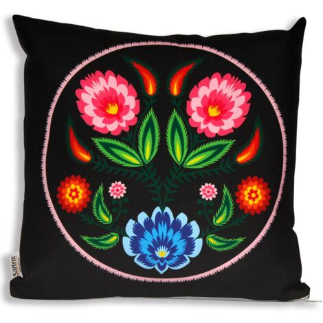 Almohada popular de Łowicz, flores rosas, recorte negro
