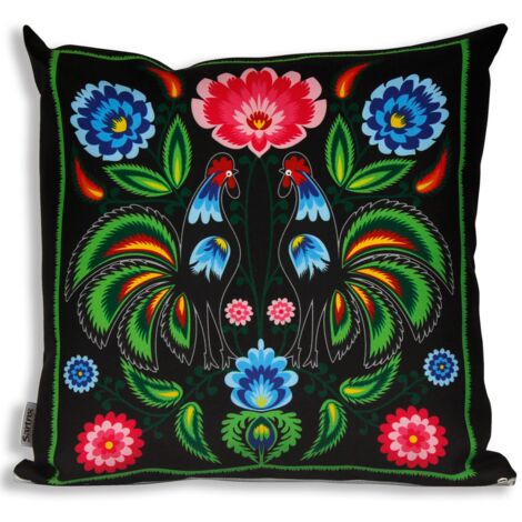 Almohada popular de Łowicz, gallos verdes, recorte negro