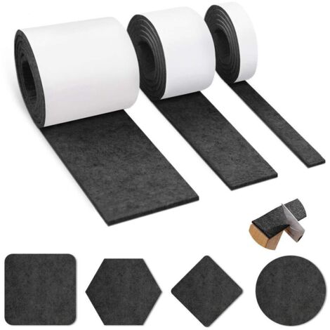 Almohadillas de fieltro autoadhesivas, 3 rollos de almohadillas de fieltro, fieltro negro - 100 cm x 10 cm + 100 cm x 5 cm + 100 cm x 2 cm, protector deslizante de fieltro autoadhesivo para muebles