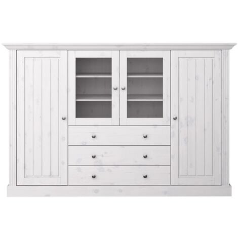 EBUY24 Alonso buffet 2 portes, 2 portes vitrées, 3 tiroirs, white washed.