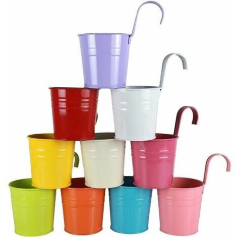 Alovez - 10 pièces Pot de Fleur Suspendu Colorés en Métal Jardiniere Accroche Balcon à Suspendre Fer avec Crochet Panier à Planter Décoration Clôture Jardin Balcon Mural Rambarde Patio Extérieur