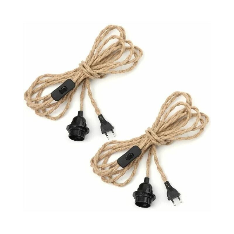 2 paires Lustre Corde de Chanvre Câble 4.5m, Douille E27 Interrupteur avec Fil Cable Ampoule, Pour diy Lampe Suspension Lumière Pendante Industrielle