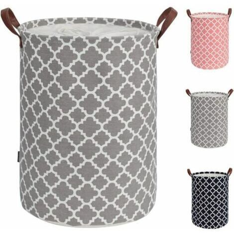Alovez - 48L Grand panier linge avec poigne en cuir durable, corbeille a linge rond cordon de serrage, panier linge pliable, panier de rangement des vtements pour la chambre coucher (Gris, L)