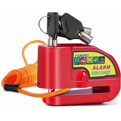 Alovez - Antivol Moto Bloque Disque avec Alarme de 110dB, Antivol Scooter Bloc Disque Moto Alarme pour Moto/Vélo/Scooter, 3 Clés, 1,5m Câble de Rappel, Piles de Rechange, Rouge