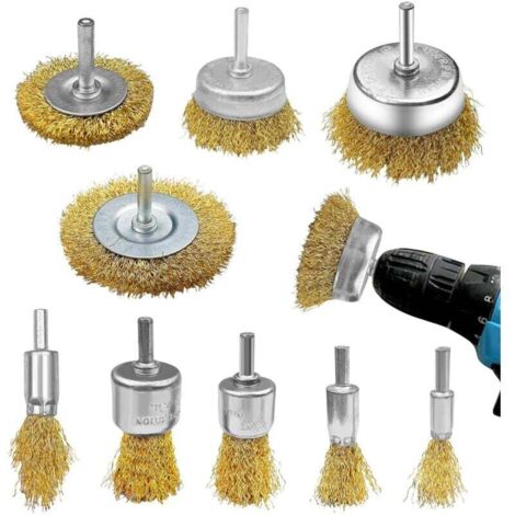 ALOVEZ Lot de 9 Brosse Metallique pour Perceuse, Brosse Laiton pour Perceuse Queue de 6 mm, Brosses Meuleuse, Visseuse Perceuse à Nettoyer Bois en Métal L'Élimination Rouille/Corrosion/Peinture