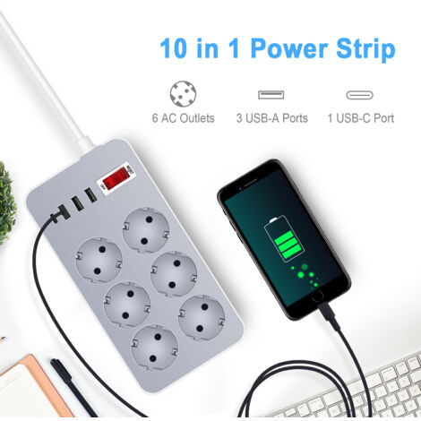 ALOVEZ Multiprise 6 Prises avec 4 Ports USB, Câble 1.2m, Protection Foudre et Surcharge, Station de Recharge Bureau Maison