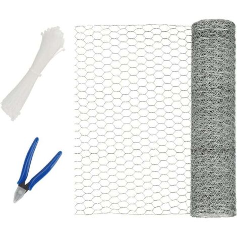 ALOVEZ Rete metallica esagonale zincata 40 cm x 10 m con 100 fascette e 1 tronchese, rete metallica esagonale per artigianato, progetti di giardinaggio, decorazioni
