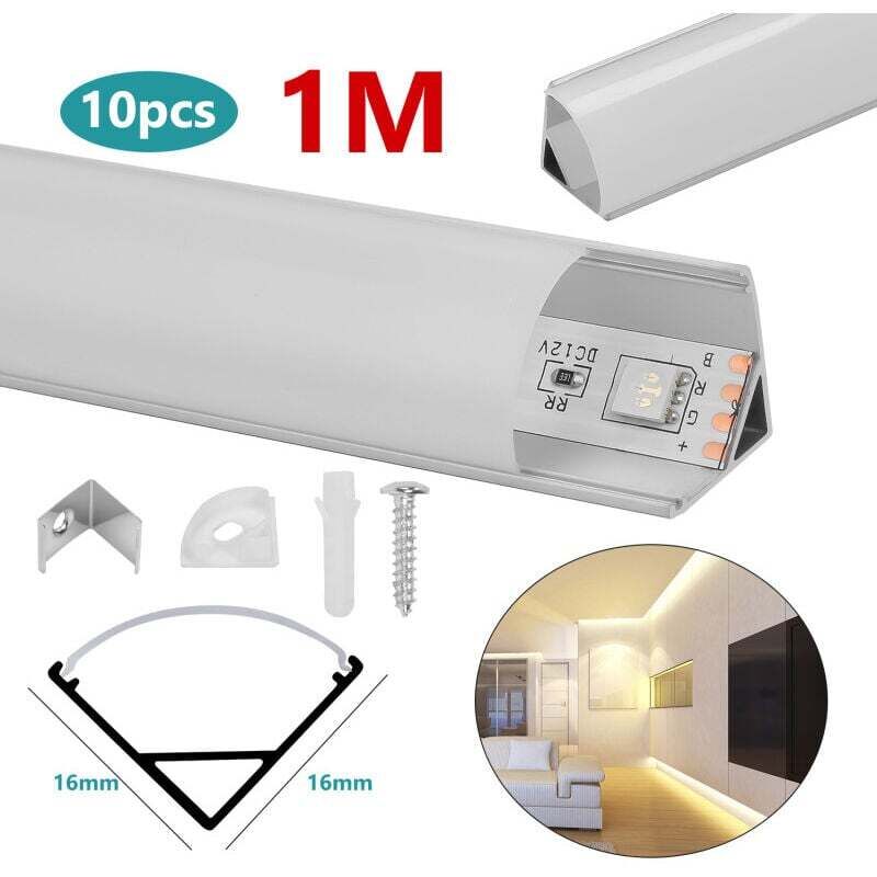 ALOVZE 10x1m Profilé Aluminium LED Angle Anodisé Diffuseur laiteux pour Ruban Bande LED Couvercle Blanc Opaque Forme en V - argent