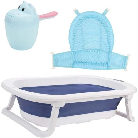 ALOVZE Vasca da bagno per bambini, vasca da bagno pieghevole e sicura, 3 in 1, 0-6 anni, con piedini, portatile, con rete di sicurezza, termometro, shampoo, blu