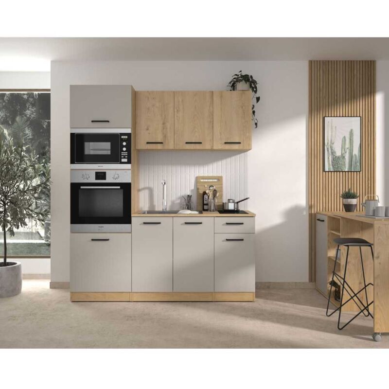 ALPAGA - Cuisine complete - Chene silva / Grege - 180 x 60/31 x 211 cm - Avec colonne four et plan de travail - GAMI