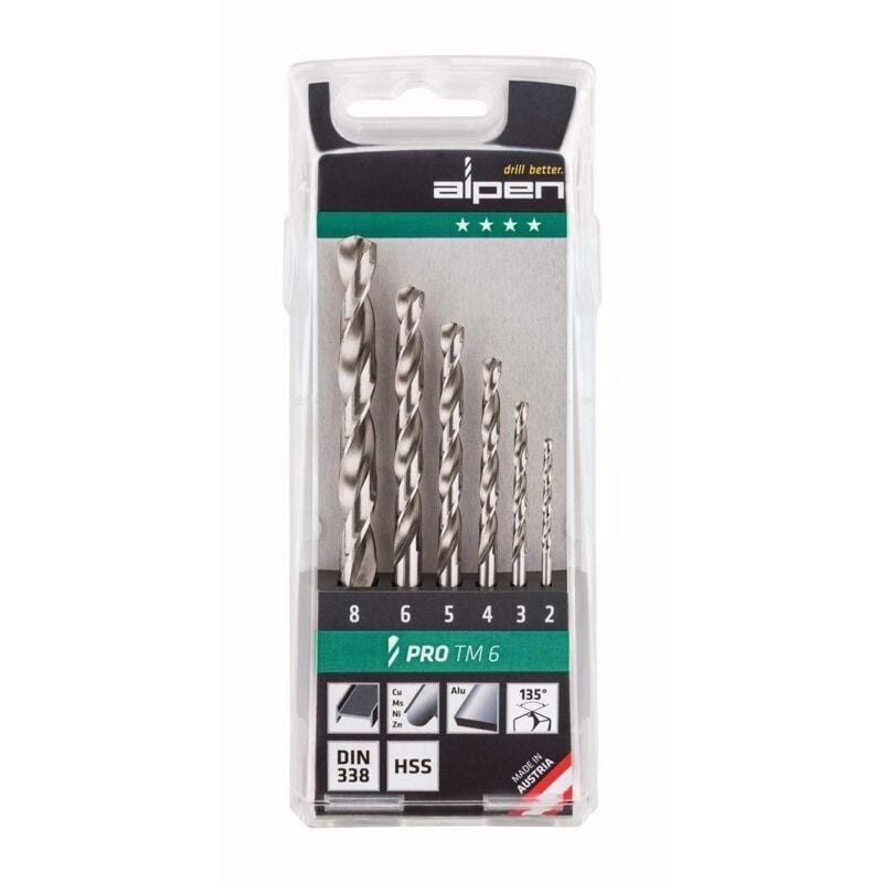 Alpen - 1 hss pro tm 6 - Set de punte elicoidali con custodia in plastica de (6 pezzi, diametri de 2.0/3.0/4.0/5.0/6.0/8.0 mm)