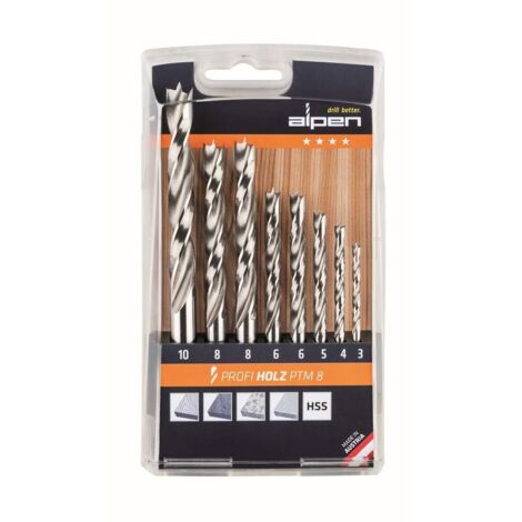 Alpen 600093100 - Hss-máquina de madera de madera spiralbohrer profi, 1x diámetro de 3, 4, 5, 10 mm y 2x 6, 8 mm como 8 piezas casete de plástico en