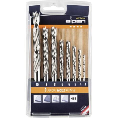 Alpen 600093100 Jeu de forets pour le bois 8 pièces 3 mm, 4 mm, 5 mm, 6 mm, 8 mm, 10 mm tige cylindrique 1 set