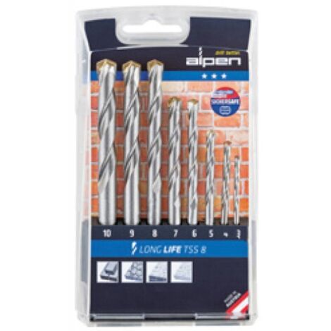 Alpen 700108100 Long Life TSS8 Set 8 Punte per Muratura a Percussione HM 3 4 5 6 7 8 9 10 mm Astuccio PVC