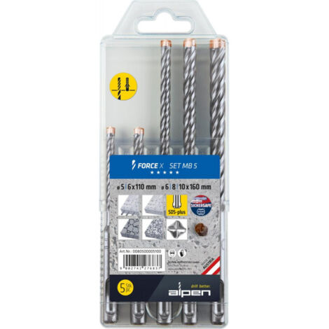 Alpen SDS-plus 0080500005100 FORCE X MB 5 - Juego de brocas para martillo perforador (5 piezas, 4 cortes, diámetro 5,0-10,0 mm)