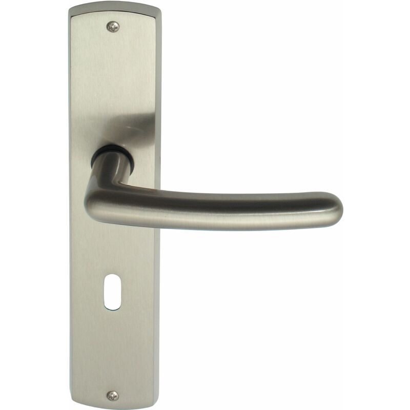 Langschildgarnitur L17/A131, Türbeschlag Messing edelstahlfärbig satiniert für Zimmertüren mit Buntbartlochung, Türklinke, Türgriff