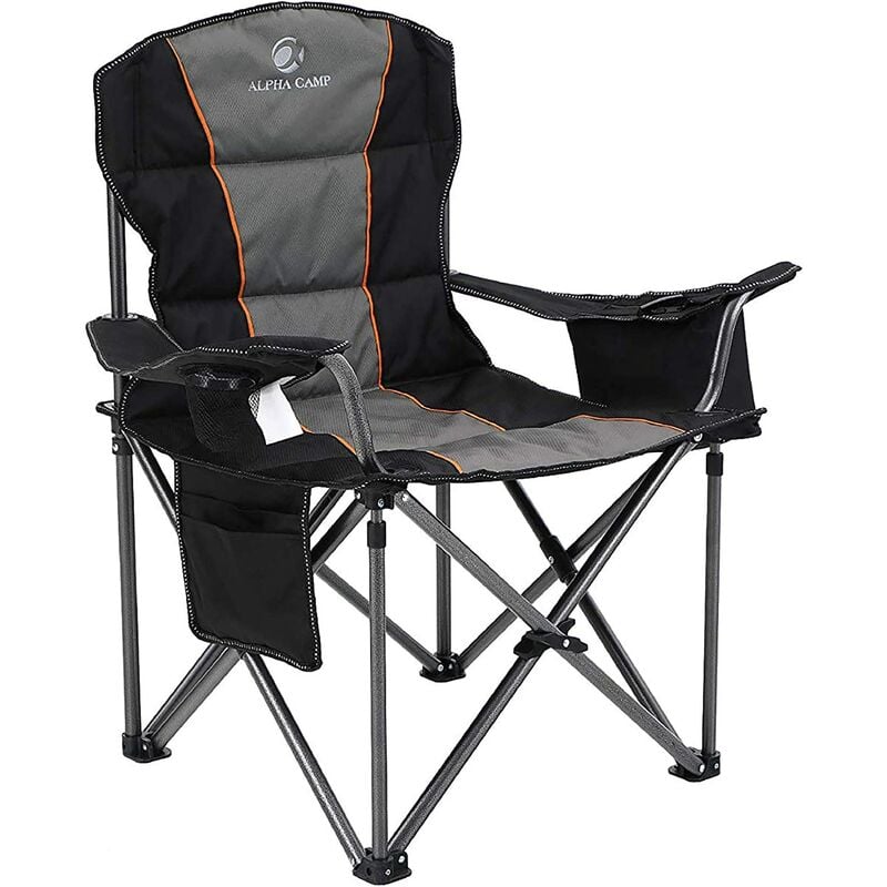 Chaises de camping portables pliantes surdimensionnées avec porte-gobelet et sac isotherme – Cadre en acier robuste supportant 200 kg noir - Alpha