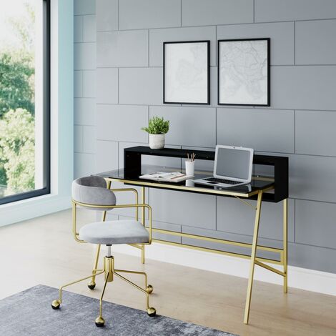 Alphason Morgan Home Office Study Computer Desk Black Smoke Glass Gold Frame