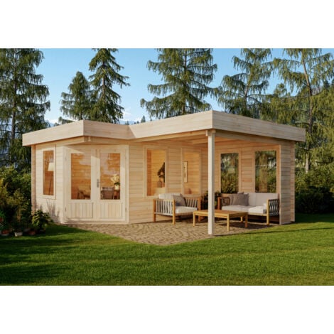 Alpholz 5-Eck Gartenhaus Leelo-40 mit Anbau Gartenhaus aus Holz, Holzhaus mit 40 mm Wandstärke inklusive Schleppdach Blockbohlenhaus Naturbelassen