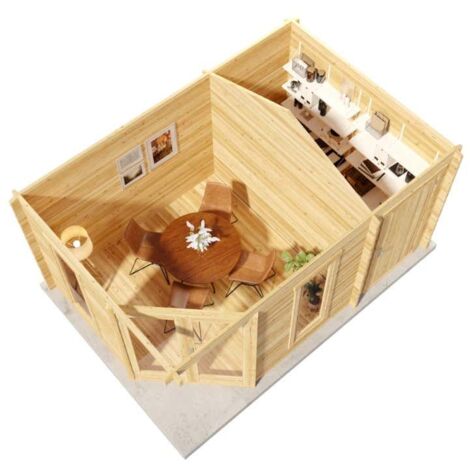 Alpholz 5-Eck Gartenhaus Liwa Compact mit Anbau Gartenhaus aus Holz in Pinie, Holzhaus mit 40 mm Wandstärke, Blockbohlenhaus mit Montagematerial