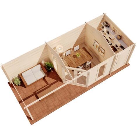 Alpholz 5-Eck Gartenhaus Liwa mit Anbau Gartenhaus aus Holz, Holzhaus mit 40 mm Wandstärke inklusive Terrasse, Blockbohlenhaus mit Montagematerial