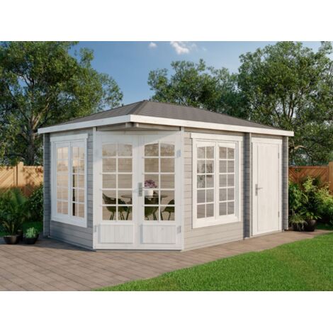 Alpholz 5-Eck Gartenhaus Modell Josephine-40 mit Anbau Gartenhaus aus Holz, Holzhaus mit 40 mm Wandstärke, Blockbohlenhaus mit Montagematerial