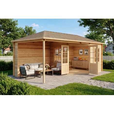 Alpholz 5-Eck Gartenhaus Mosel Gartenhaus aus Holz, Holzhaus mit 28 mm Wandstärke inklusive Terrasse, Blockbohlenhaus mit Montagematerial
