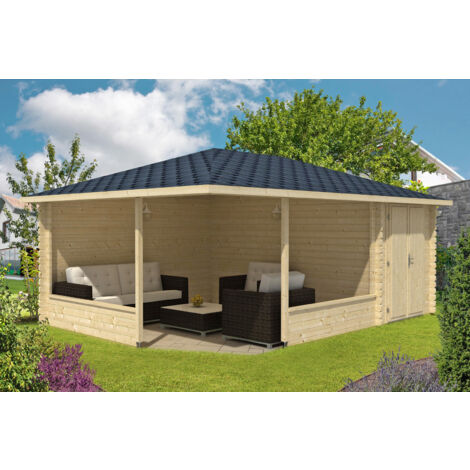 Alpholz 5-Eck Gartenlaube Maik-40 mit Anbau Gartenlaube aus Holz, Blockhaus mit 40 mm Wandstärke, Holzhaus mit Montagematerial