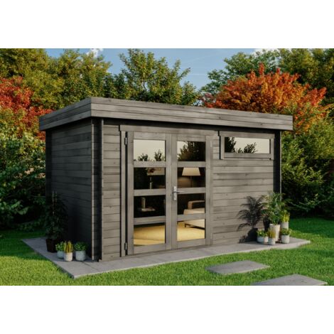 Alpholz – Abri de jardin bois 28mm – Imprégné gris – Dimensions 394 x 268 cm – Double porte en bois lamellé-collé – Hauteur 217 cm - Leandro-28
