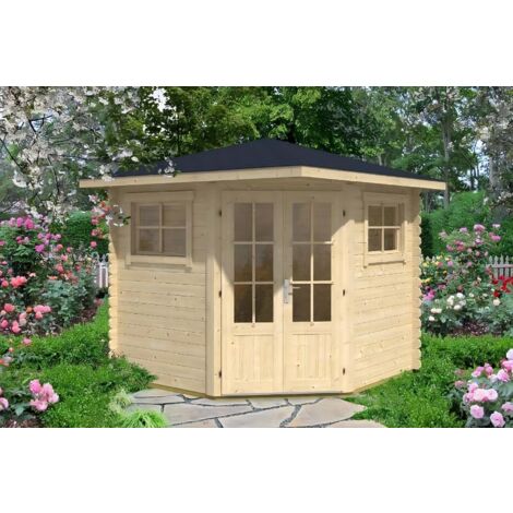 Alpholz – Abri de jardin bois pentagonal 250 x 250 cm – Épaisseur parois 28 mm – Double porte en bois lamellé-collé – Vitrage verre
