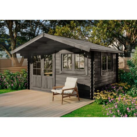 Alpholz – Abri de jardin Gabriel-34 400 x 300 cm gris imprégné – Épaisseur des parois 34 mm – Double porte en bois lamellé-collé – Volume intérieur 26,5 m³