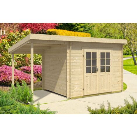 Alpholz – Abri de jardin Maria toit en pente – Bois massif 28mm – Dimensions 450 x 272 cm – Espace de rangement avec grilles d'aération