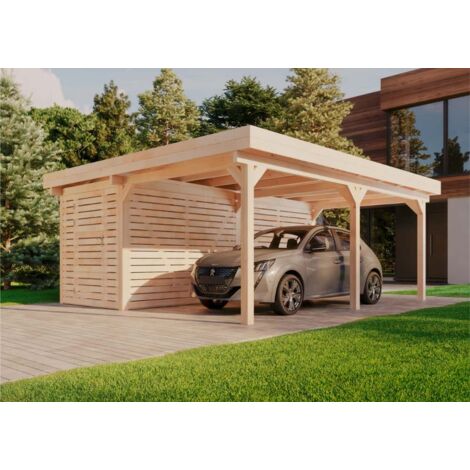 Alpholz – Carport individuel en bois lamellé 520 x 600 cm – Hauteur 255 cm – Espace de rangement 550 x 180 cm – Traitement naturel