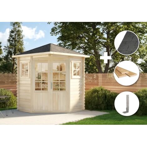 Alpholz ECO Set - Gartenhaus 5-Eck Modell Sunny-A -imprägniert Gartenhaus aus Holz in Braun, Holzhaus mit 28 mm Wandstärke Blockbohlenhaus