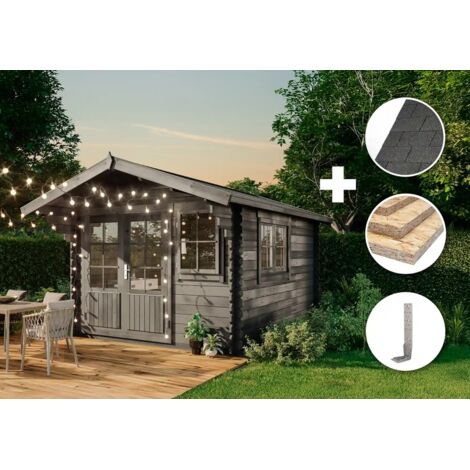 Alpholz ECO Set - Gartenhaus Gabriel-34 300 x 400 cm -grau Gartenhaus aus Holz in Grau, Holzhaus mit 34 mm Wandstärke Blockbohlenhaus