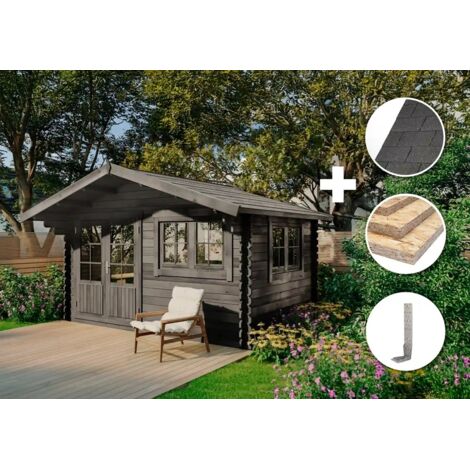 Alpholz ECO Set - Gartenhaus Gabriel-34 400 x 300 cm -grau Gartenhaus aus Holz in Grau, Holzhaus mit 34 mm Wandstärke Blockbohlenhaus