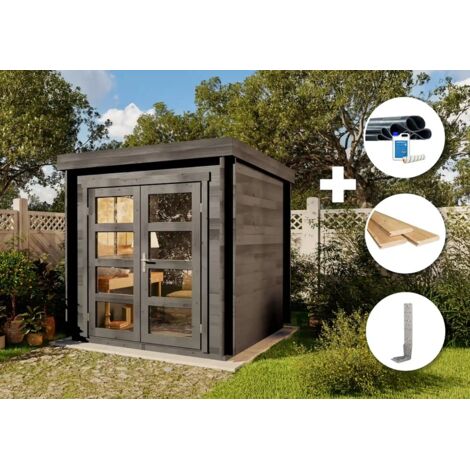 Alpholz ECO Set - Gartenhaus Paloma petit -grau Gartenhaus aus Holz in Grau, Holzhaus mit 28 mm Wandstärke Blockbohlenhaus