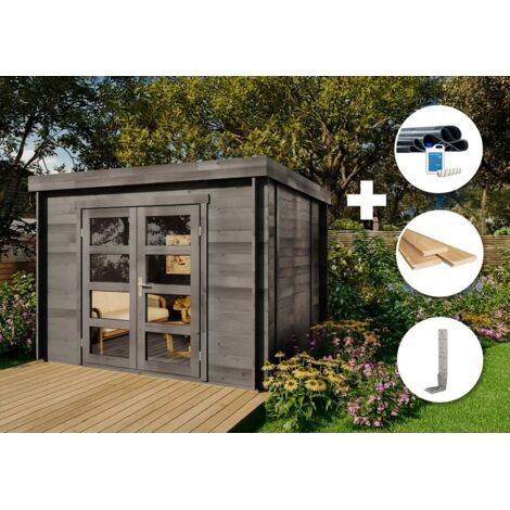 Alpholz ECO Set - Gartenhaus Paloma Sol - grau Gartenhaus aus Holz in Grau, Holzhaus mit 28 mm Wandstärke Blockbohlenhaus