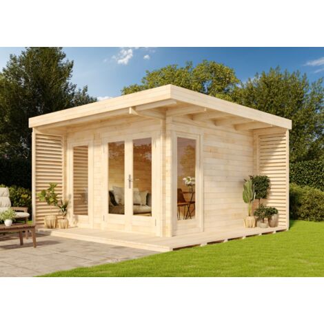 Alpholz Gardenlounge Cube-44 Gartenhaus aus Holz, Holzhaus mit 44 mm Wandstärke inklusive Terrasse Blockbohlenhaus