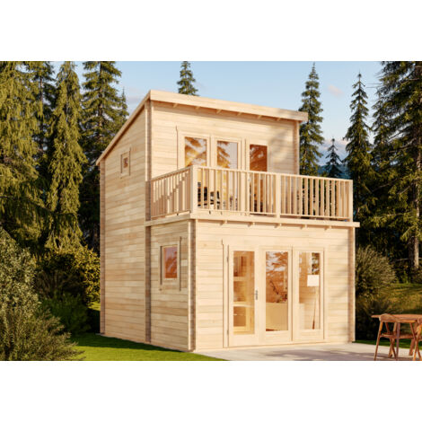CARLSSON Holz, Holzhaus mit 44 mm Wandstärke inklusive Terrasse inklusive Schlafboden, Blockbohlenhaus mit MontagematerialNaturbelassen