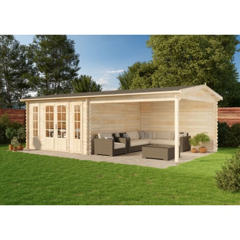 Alpholz Gartenhaus Freiburg aus Massiv-holz, Gerätehaus mit 44 mm Wandstärke, Garten Holzhaus, Geräteschuppen Größe: 755 x 399 cm, Mit einfacher Doppeltür, Naturbelassen